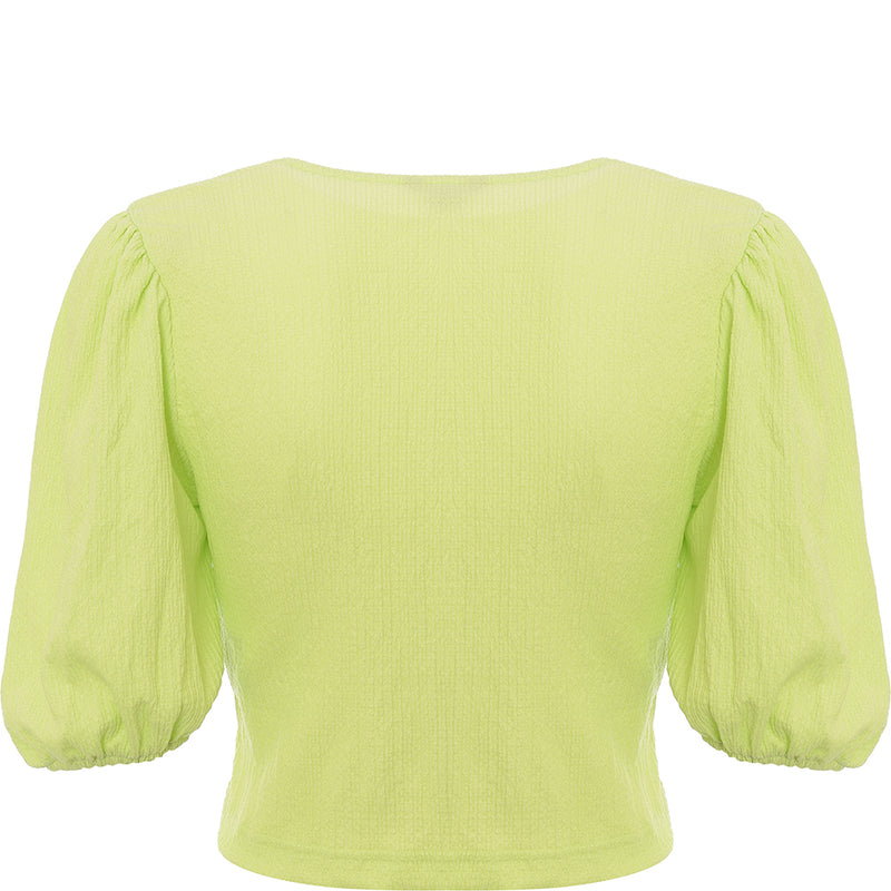 Monki Women's Green Puff Sleeve Button Front Tea Blouse