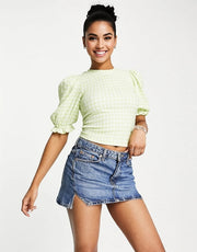 Monki Womens Puff Sleeve Top in Green Gingham