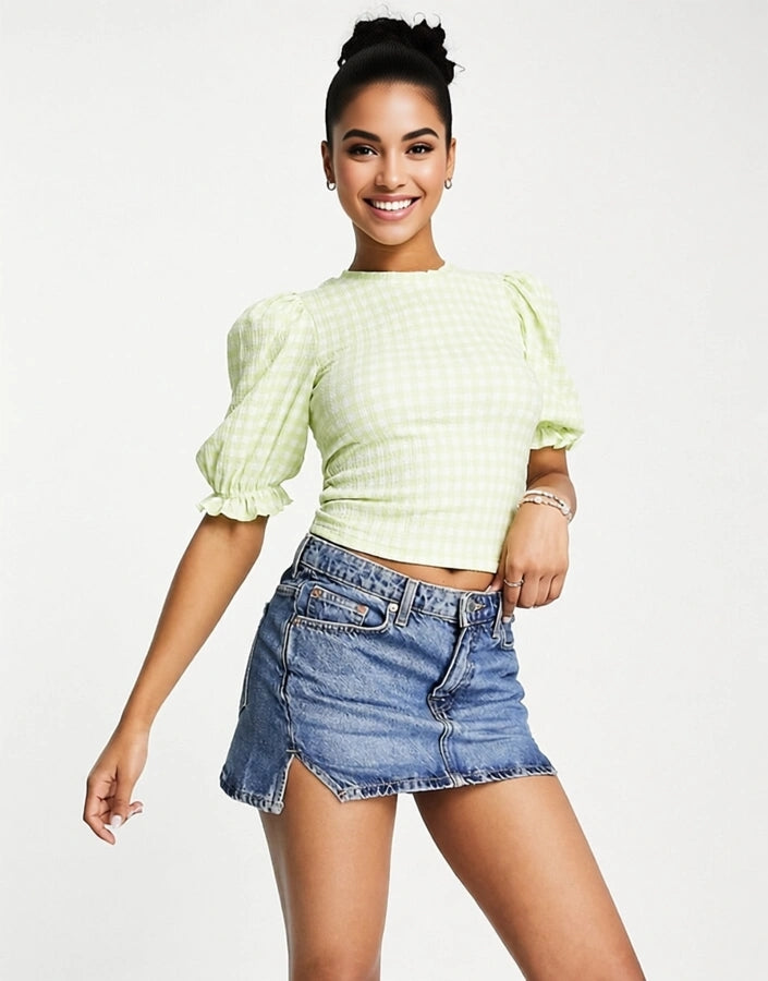 Monki Womens Puff Sleeve Top in Green Gingham