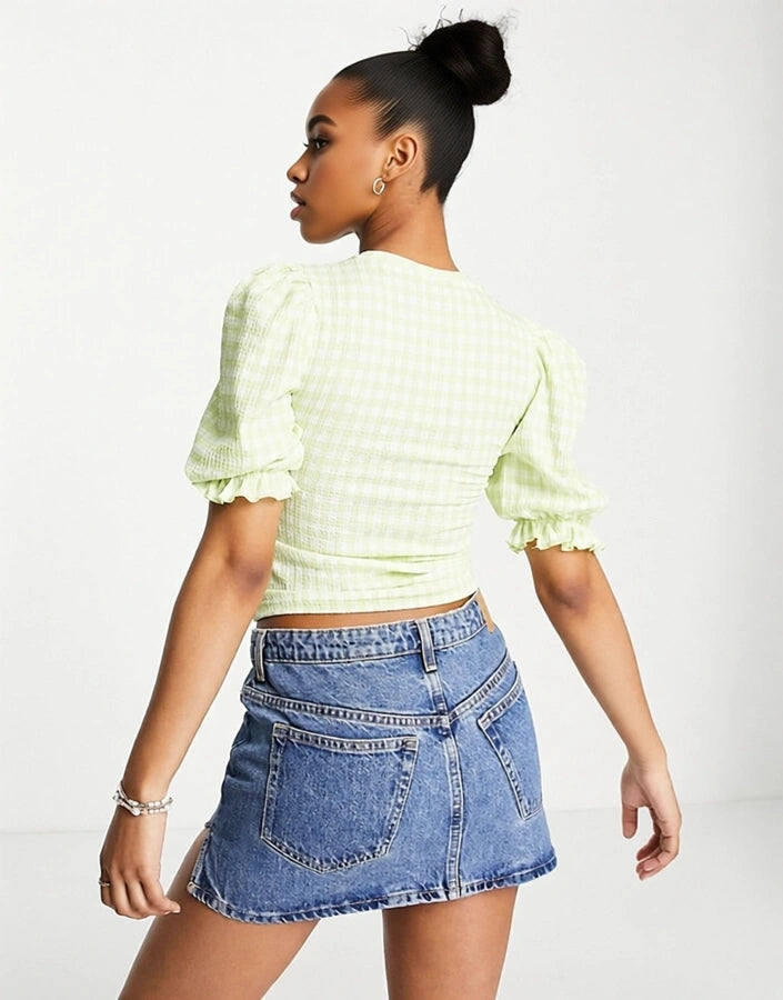 Monki Womens Puff Sleeve Top in Green Gingham