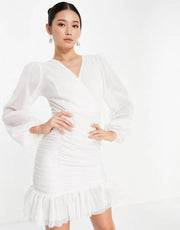 Womens Trendyol Wrap Front Mini Dress With Mesh Balloon Sleeves In White