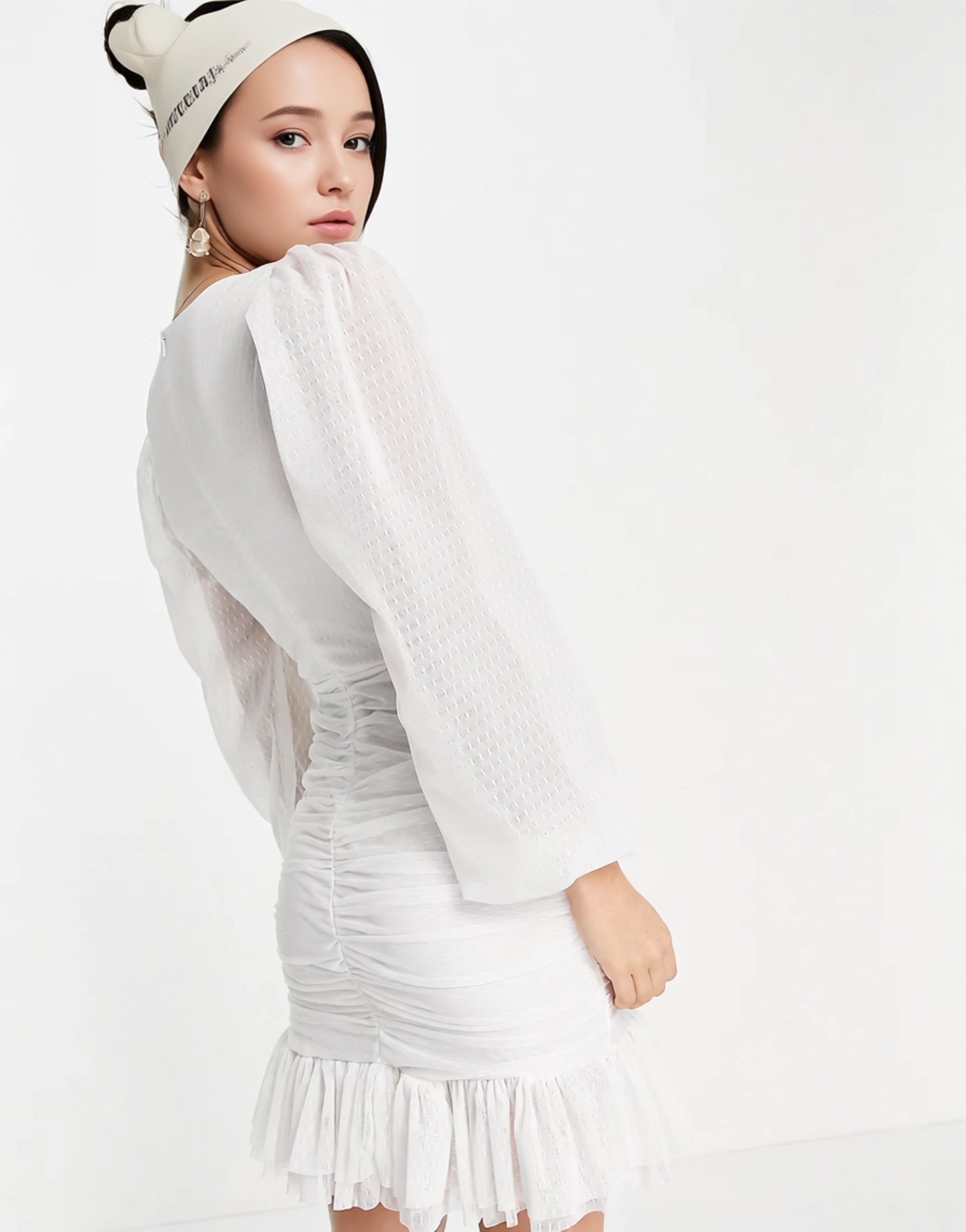 Womens Trendyol Wrap Front Mini Dress With Mesh Balloon Sleeves In White