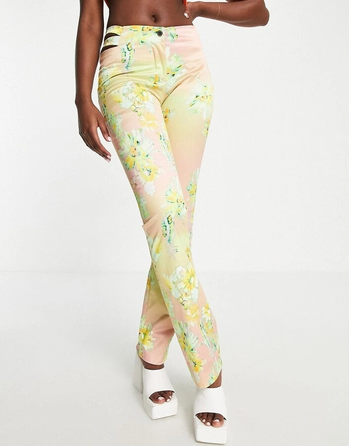 Weekday Womens Straight Leg Cut Out Waist Trousers in Floral Print