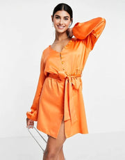In The Style Womens X Perrie Sian Satin Button Detail Belted Mini Dress In Orange
