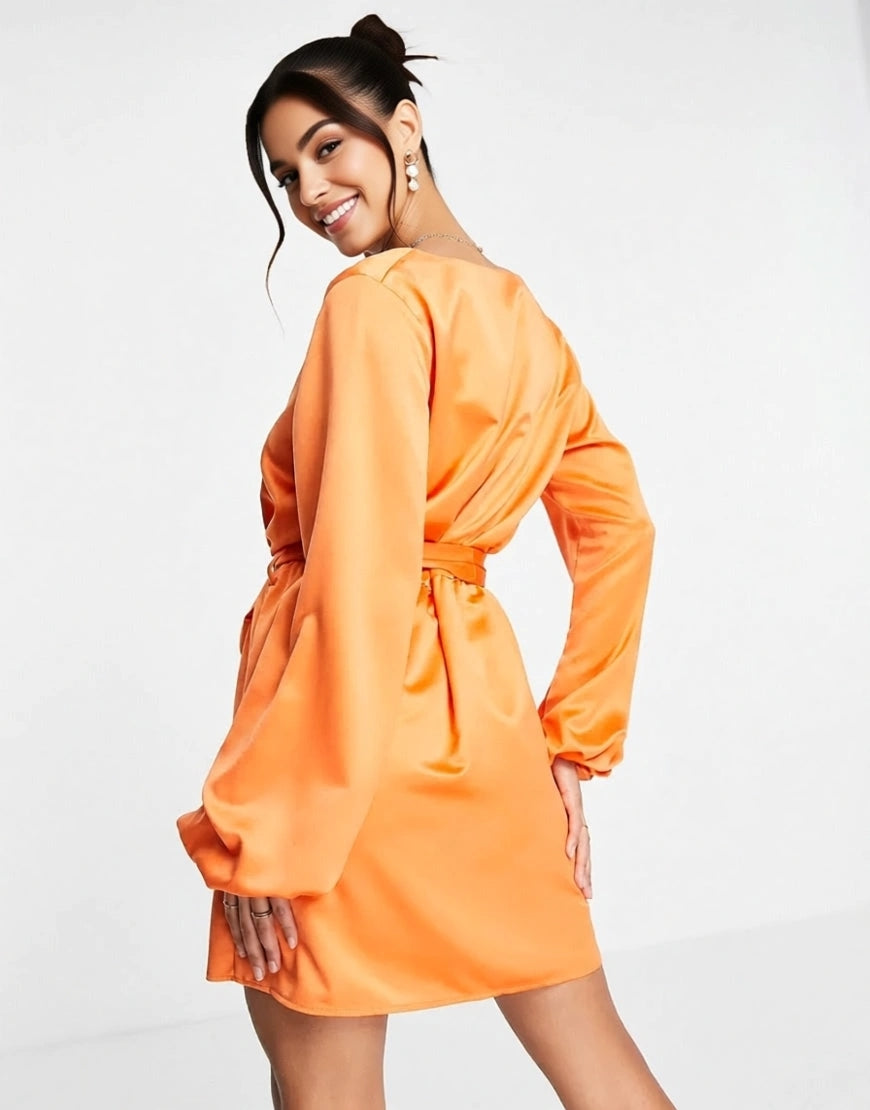 In The Style Womens X Perrie Sian Satin Button Detail Belted Mini Dress In Orange