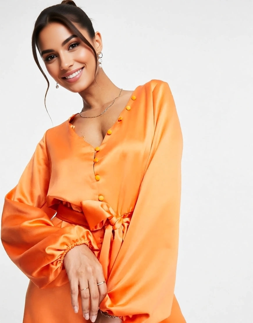 In The Style Womens X Perrie Sian Satin Button Detail Belted Mini Dress In Orange