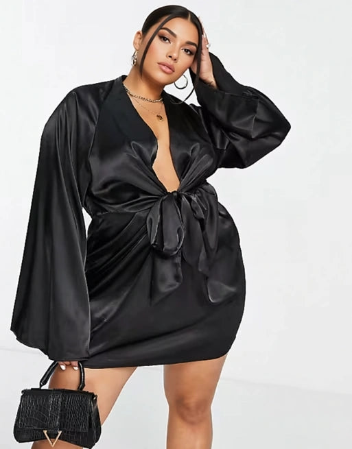 In The Style Plus Womens Plunge Front Knot Detail Shirt Dress In Black