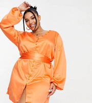 In The Style Plus Womens X Perrie Sian Satin Button Detail Belted Mini Dress In Orange