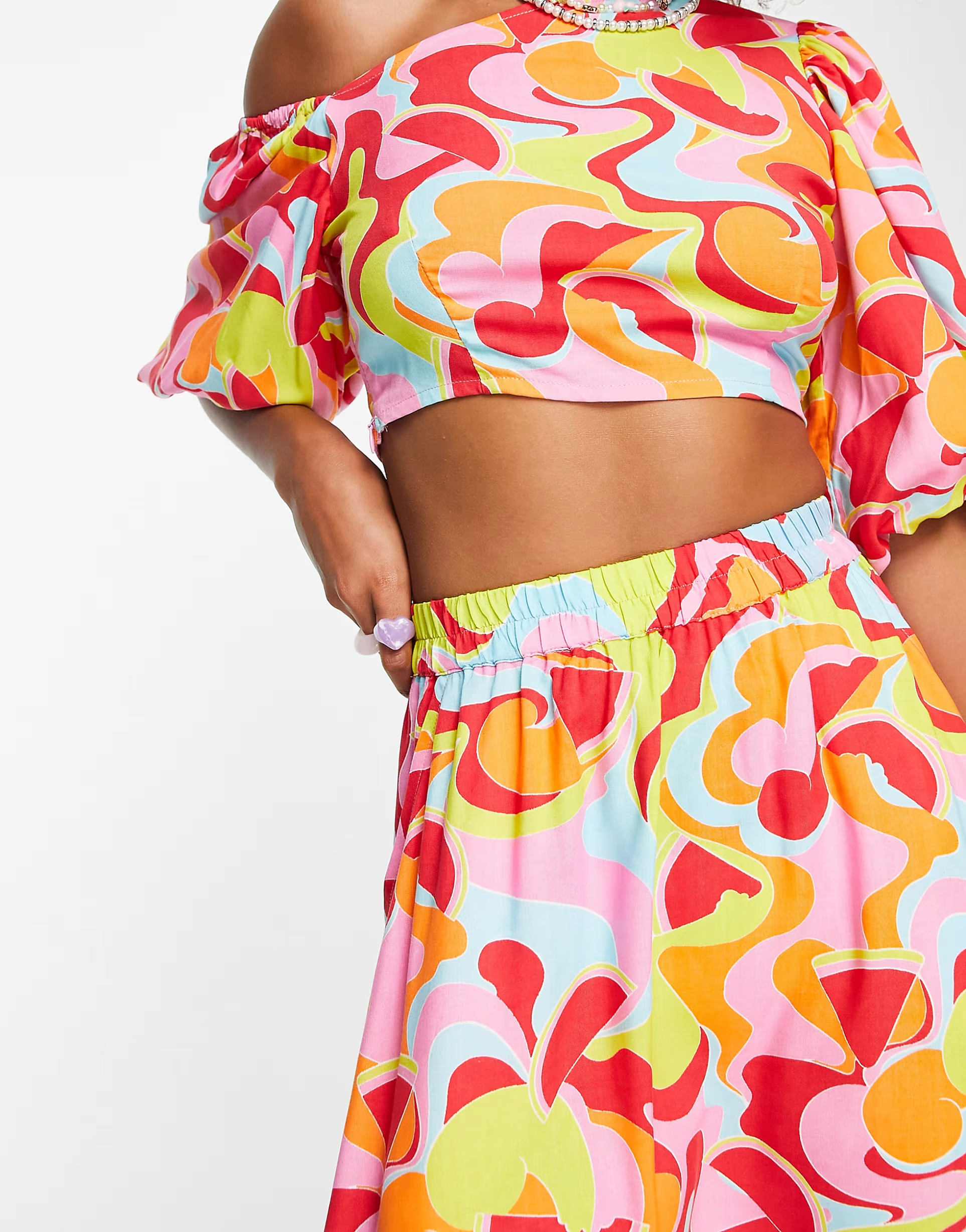 Native Youth Womens Puff Mini Skirt With Pockets in Abstract Retro Fruit Print Co-Ord