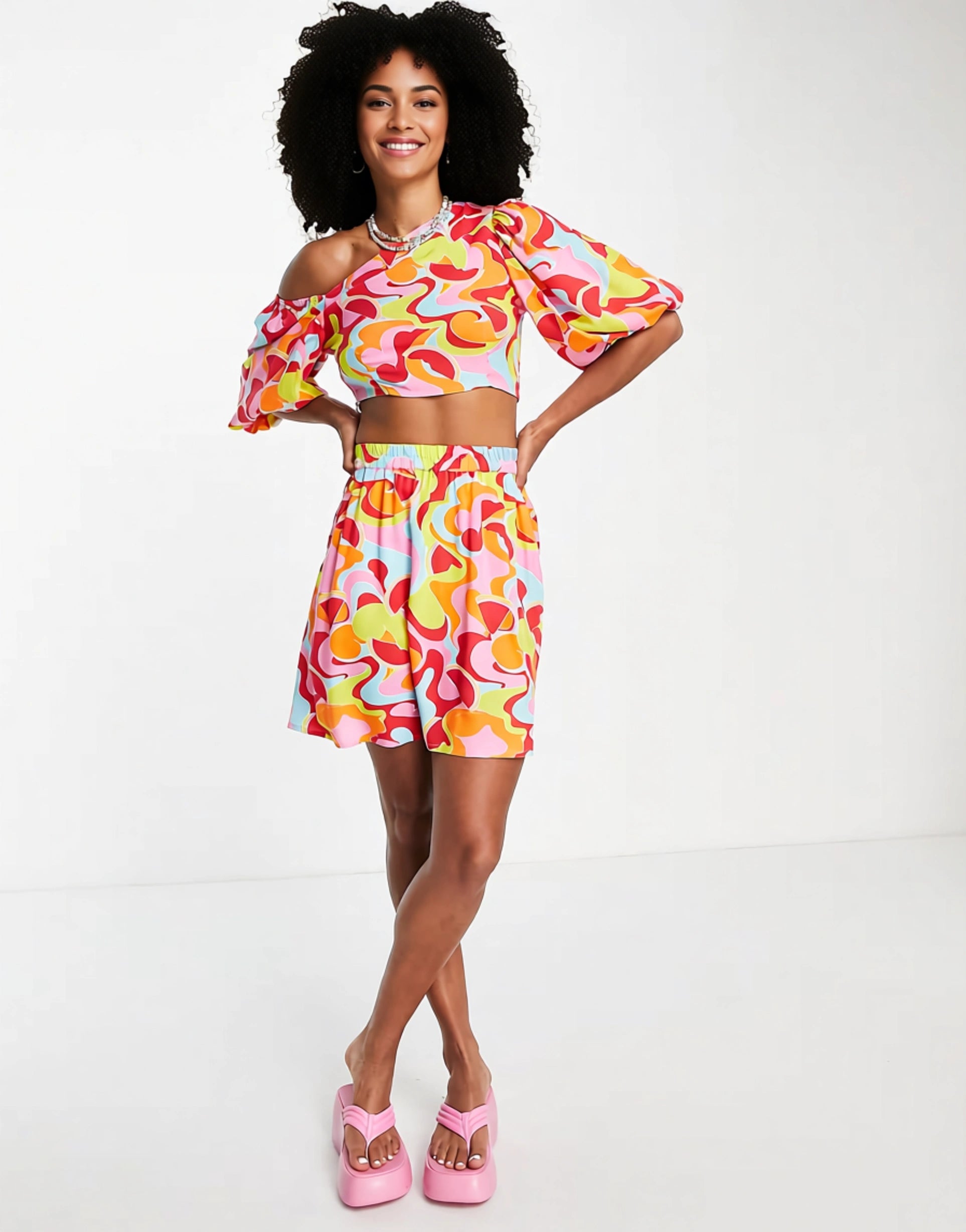 Native Youth Womens Puff Mini Skirt With Pockets in Abstract Retro Fruit Print Co-Ord