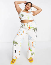 Womens Native Youth Plus Denim Corset Top With Contrast Stitching In Mix Print Co-Ord