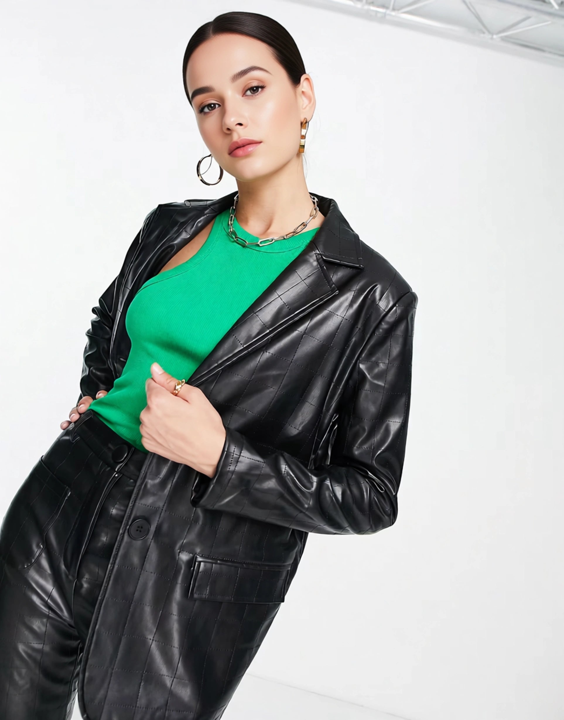 4th & Reckless Women's Leather Look Embossed Blazer Co Ord In Black