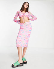Tammy Girl Womens Midi Skirt in Pink Butterfly Mesh Co-Ord In Pink