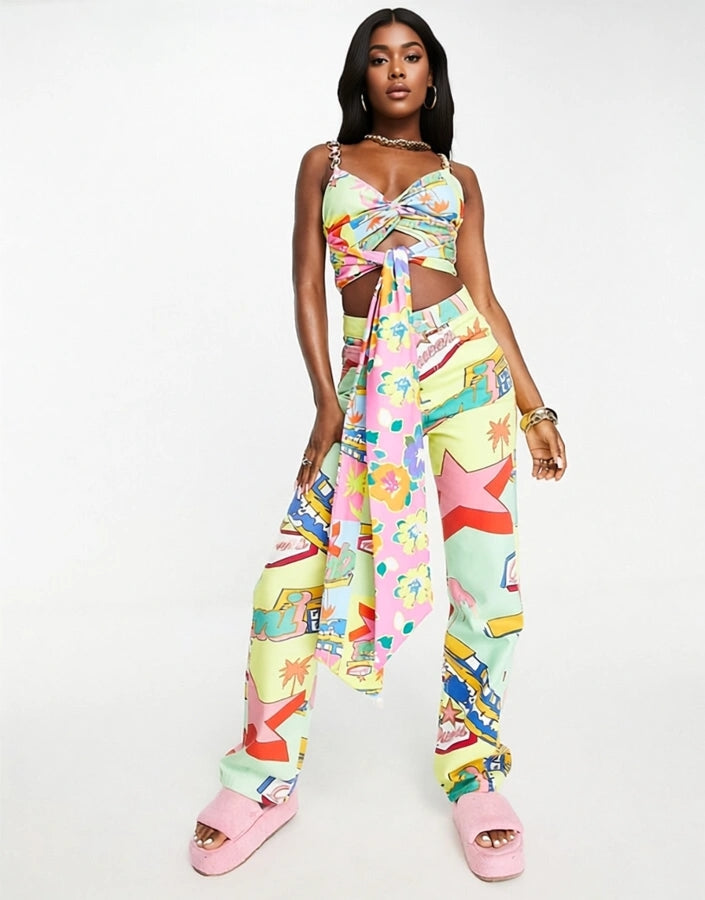 Gbemi Womens Joey Tie Front Crop Top Co-Ord In Postcard Print In Multi