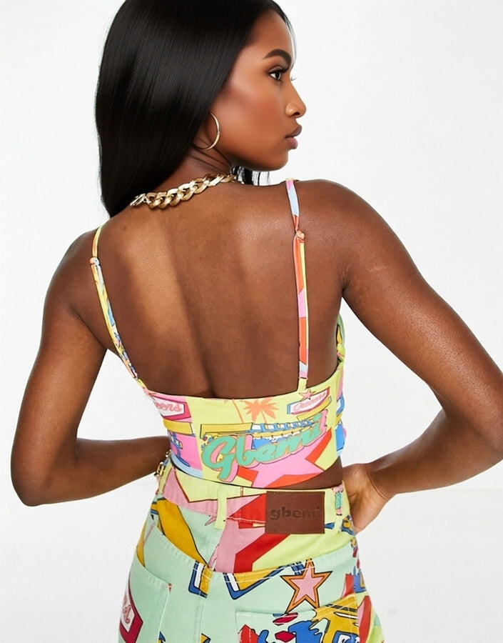 Gbemi Womens Joey Tie Front Crop Top Co-Ord In Postcard Print In Multi