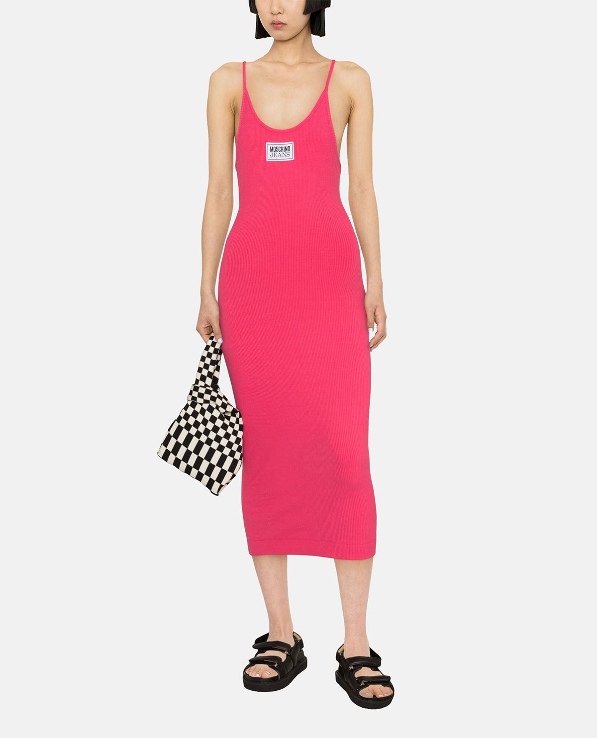 Moschino Logo Patch Ribbed Cotton Dress In Pink