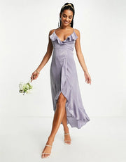 Blume Bridal Womens Wrap Satin Midi Dress With Frill Detail in Grey Blue