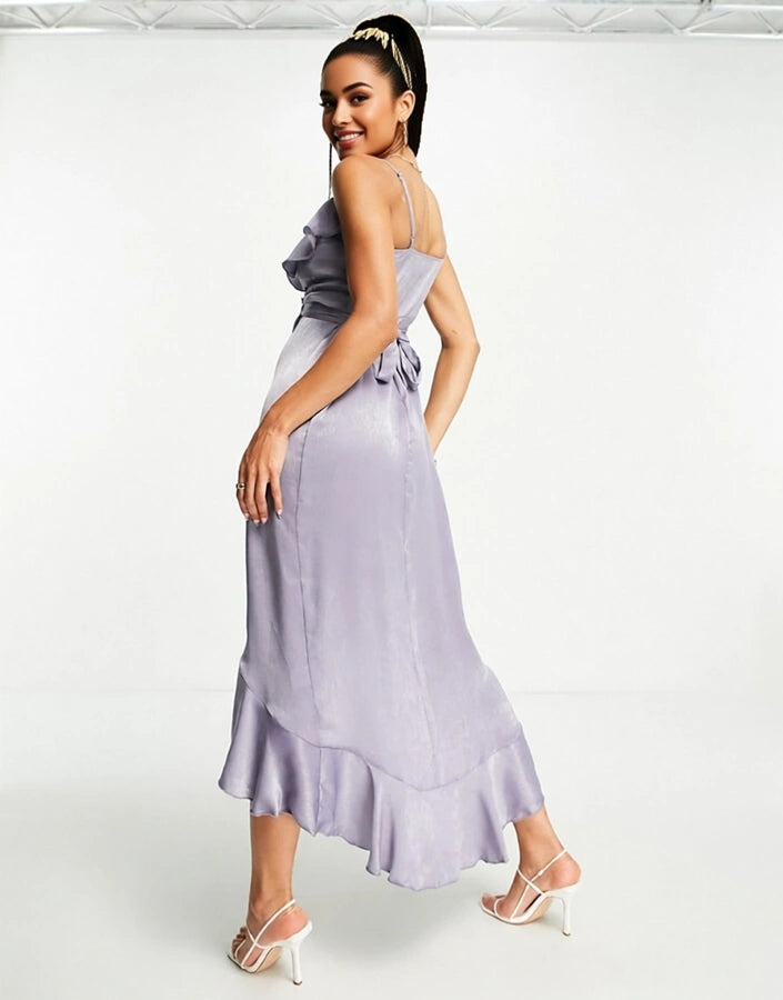 Blume Bridal Womens Wrap Satin Midi Dress With Frill Detail in Grey Blue