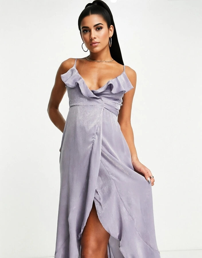 Blume Bridal Womens Wrap Satin Midi Dress With Frill Detail in Grey Blue