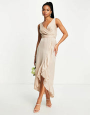 Blume Bridal Womens Wrap Satin Midi Dress With Frill Skirt Detail in Mink In Brown