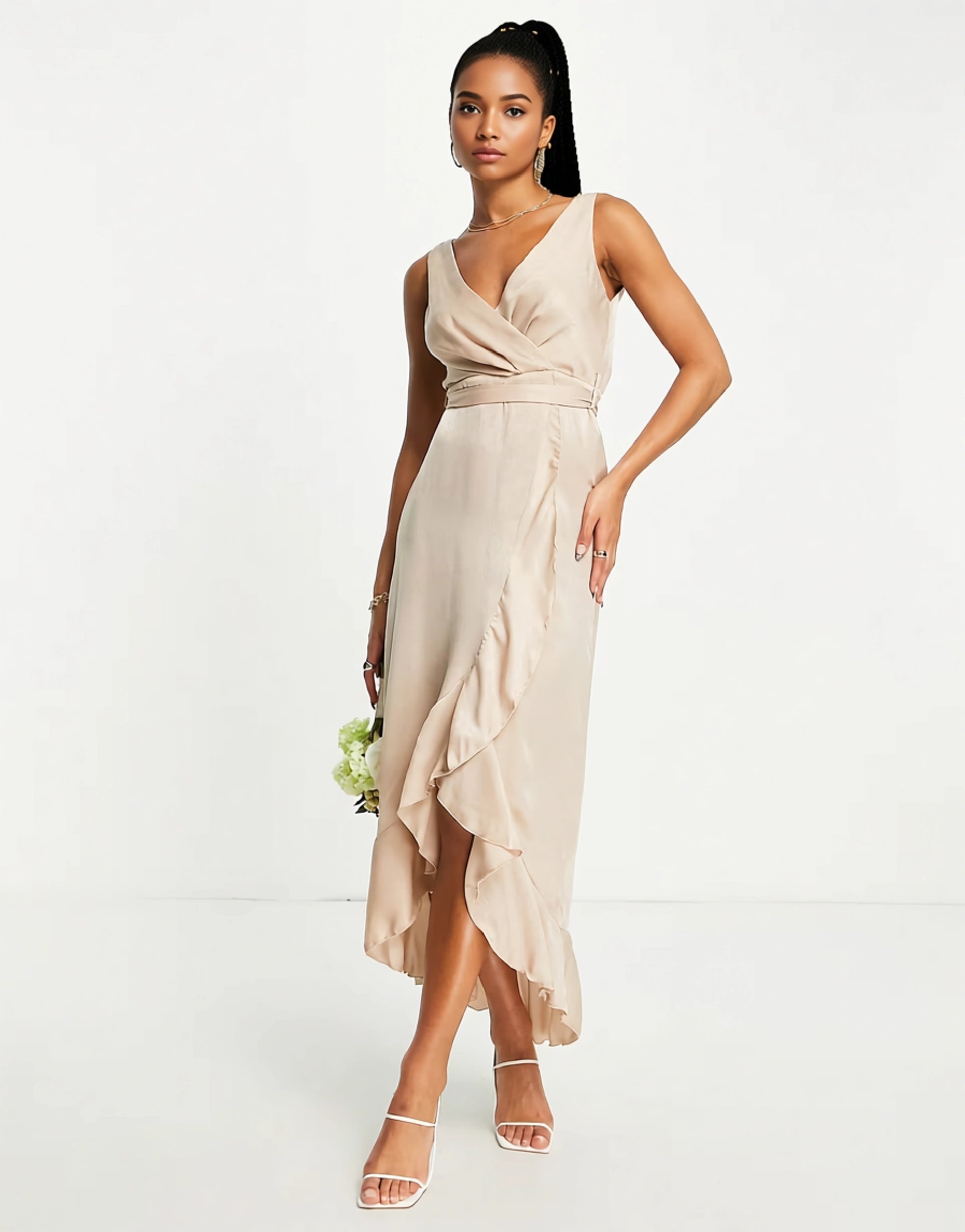 Blume Bridal Womens Wrap Satin Midi Dress With Frill Skirt Detail in Mink In Brown
