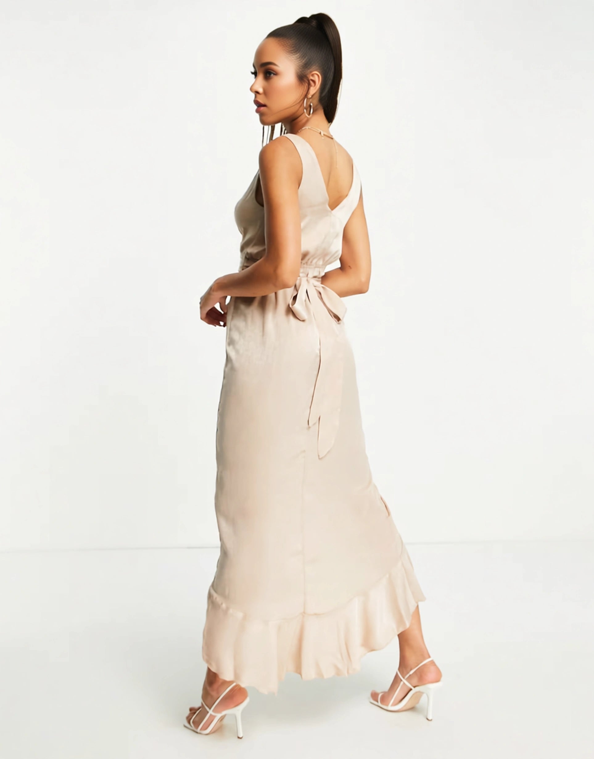 Blume Bridal Womens Wrap Satin Midi Dress With Frill Skirt Detail in Mink In Brown