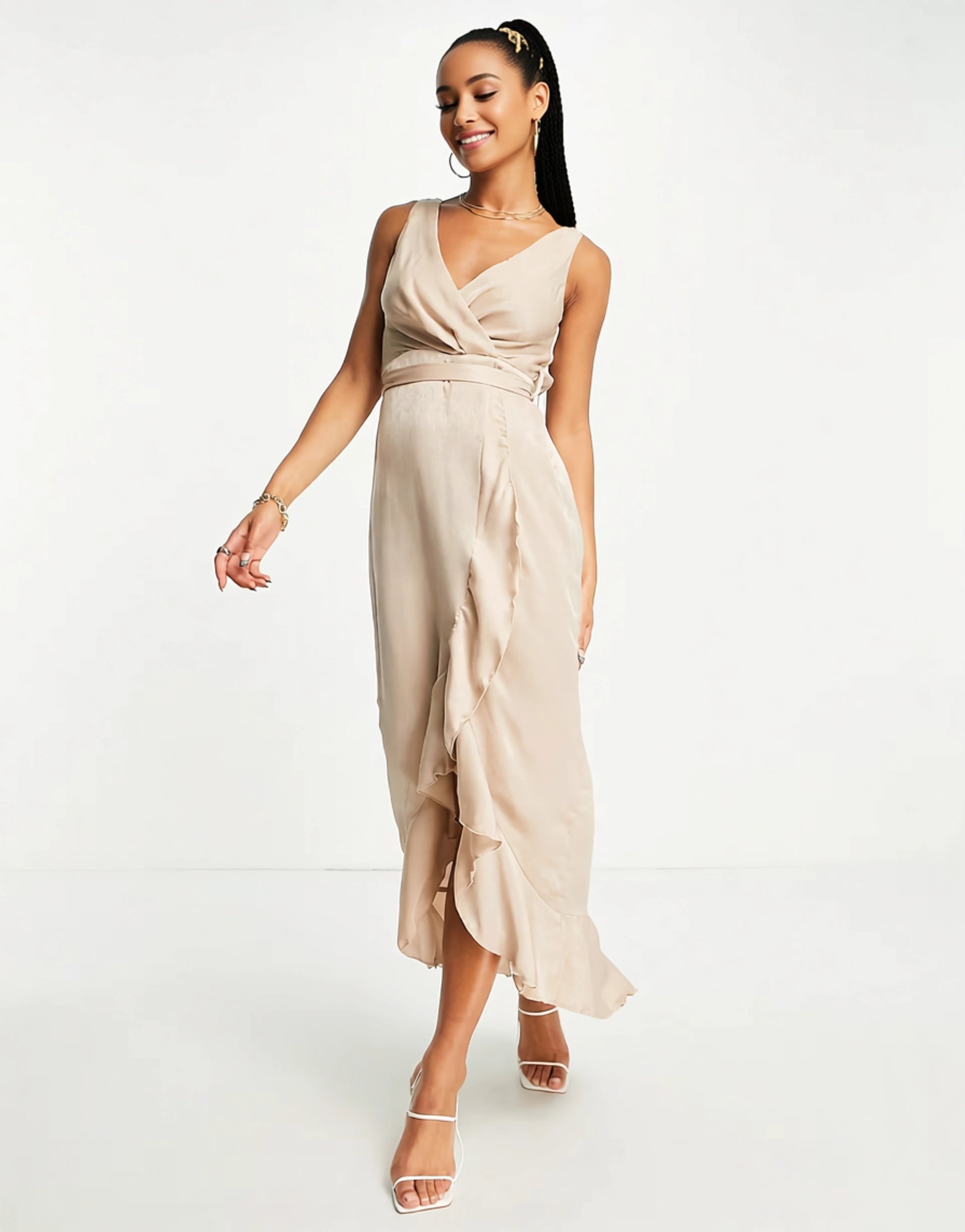 Blume Bridal Womens Wrap Satin Midi Dress With Frill Skirt Detail in Mink In Brown