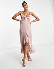 Blume Bridal Womens Wrap Satin Midi Dress With Frill Detail In Pink