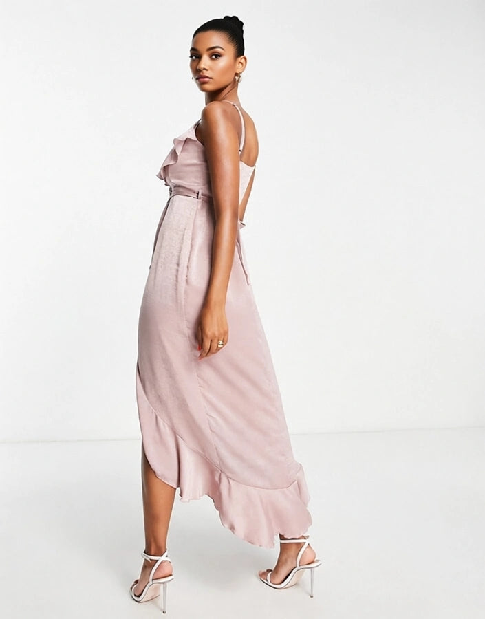 Blume Bridal Womens Wrap Satin Midi Dress With Frill Detail In Pink