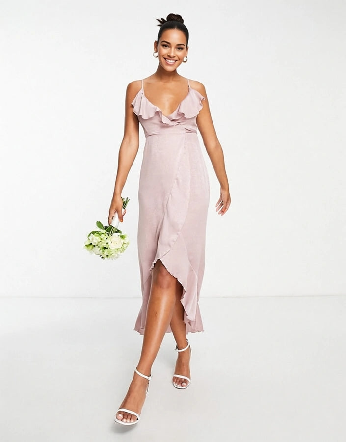 Blume Bridal Womens Wrap Satin Midi Dress With Frill Detail In Pink