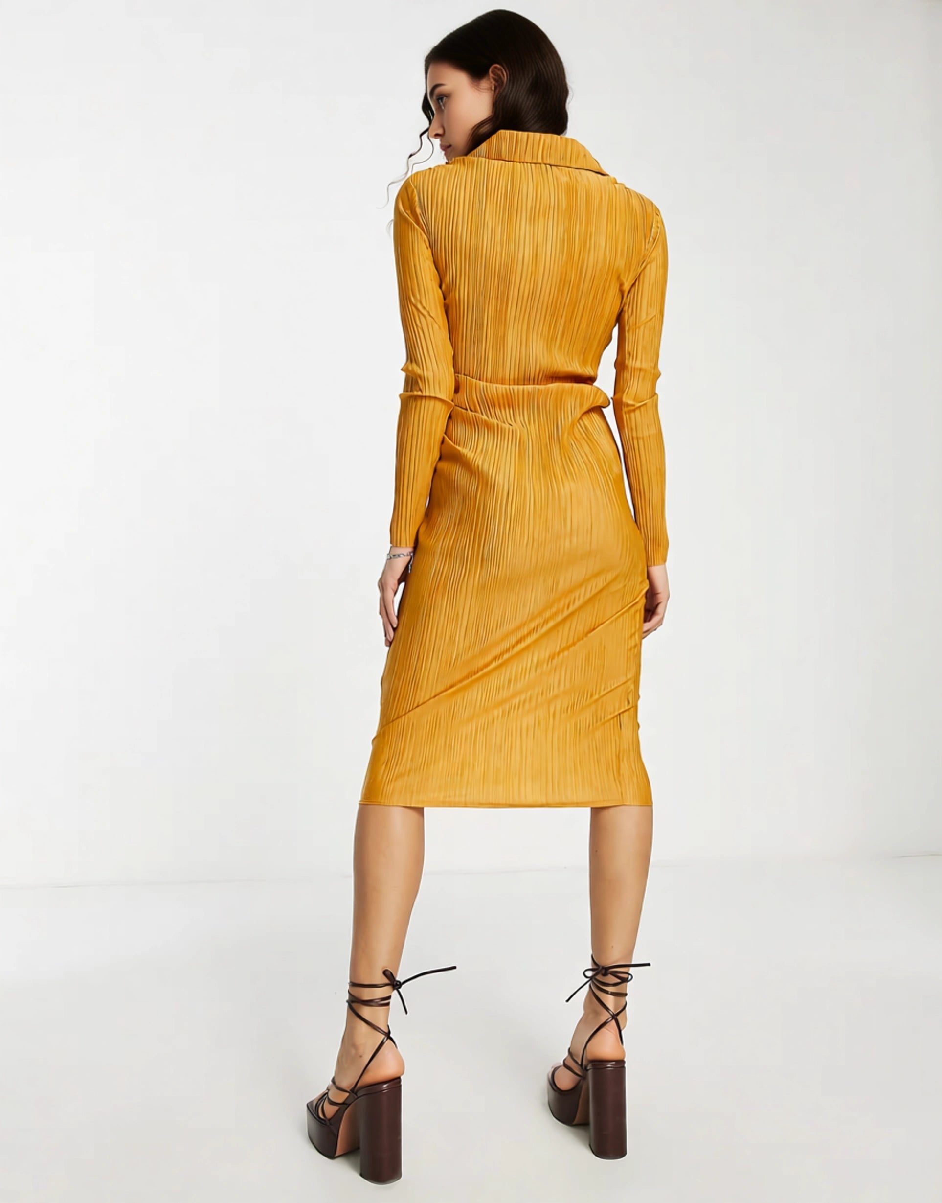 Missyempire Womens Plisse Wrap Front Long Sleeve Midi Dress in Camel