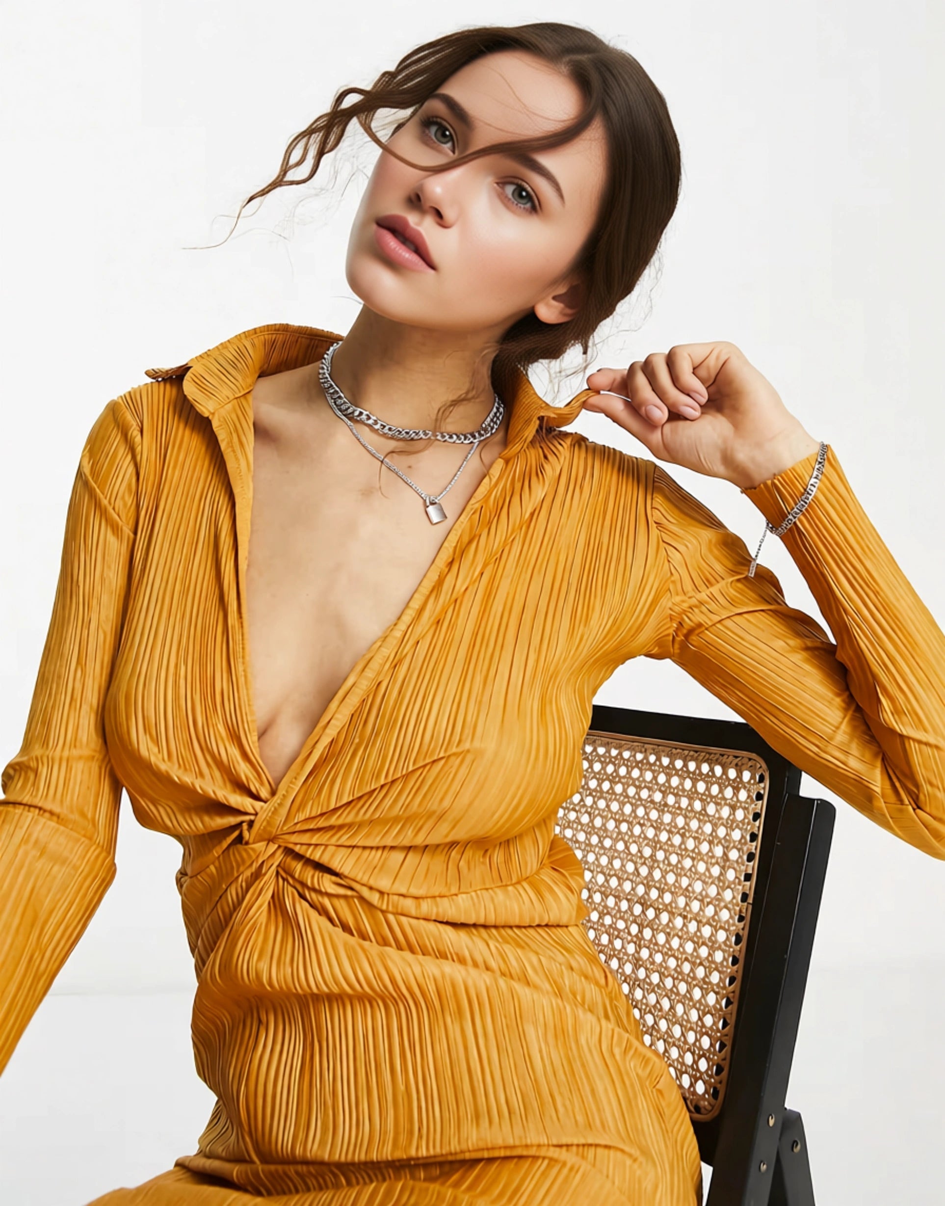 Missyempire Womens Plisse Wrap Front Long Sleeve Midi Dress in Camel