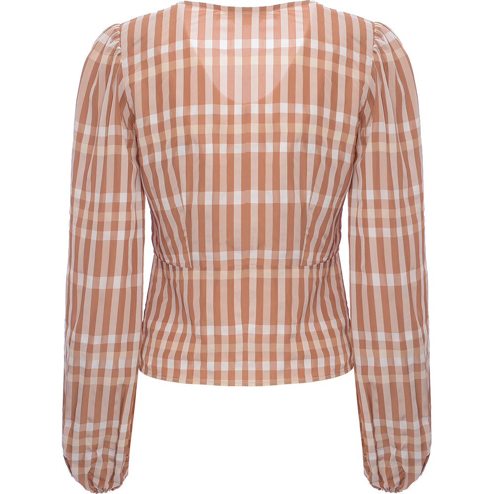 & Other Stories Women's Beige Check Print V Neck Blouse