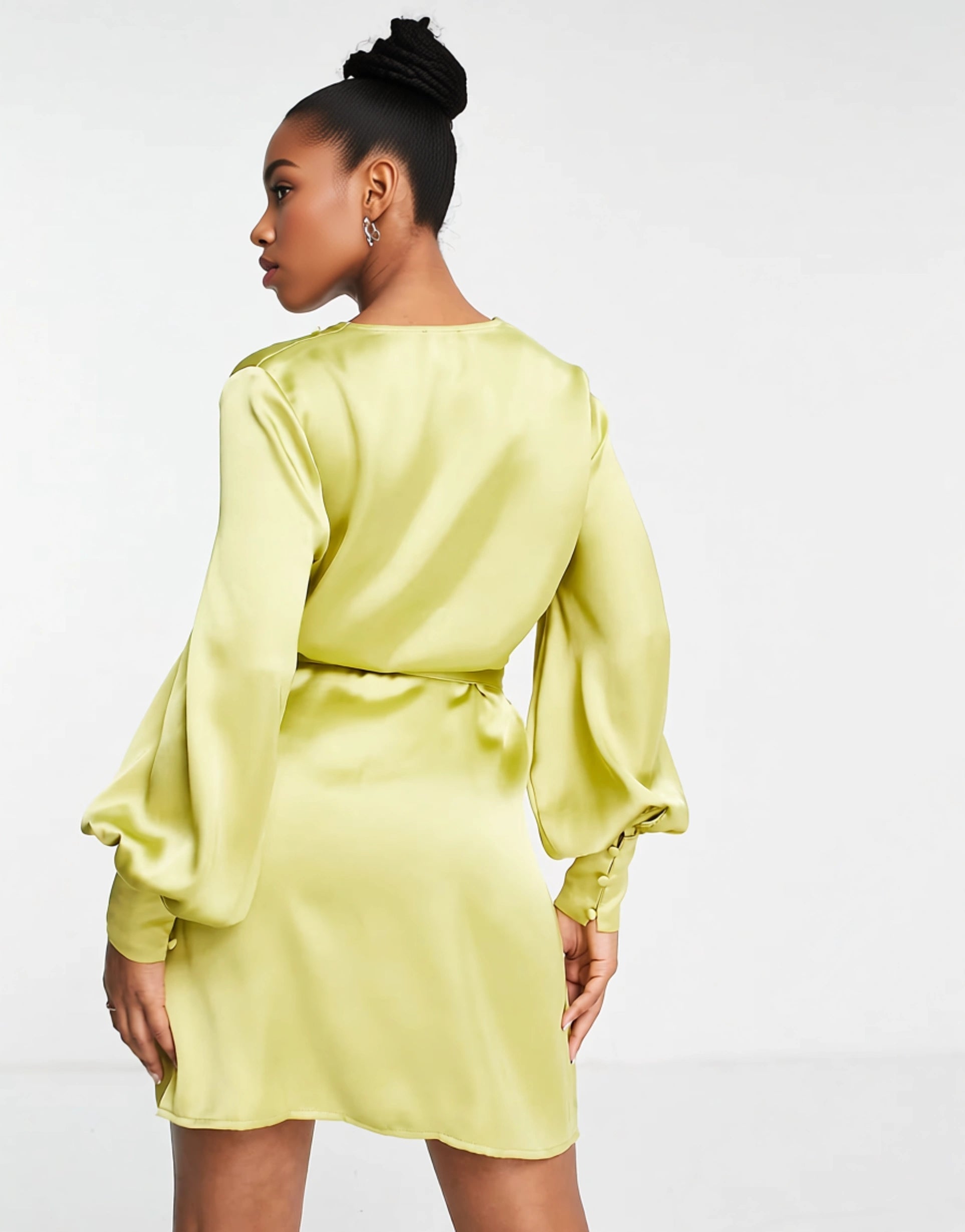 Womens Pretty Lavish Tie Waist Button Mini Dress In Chartreuse