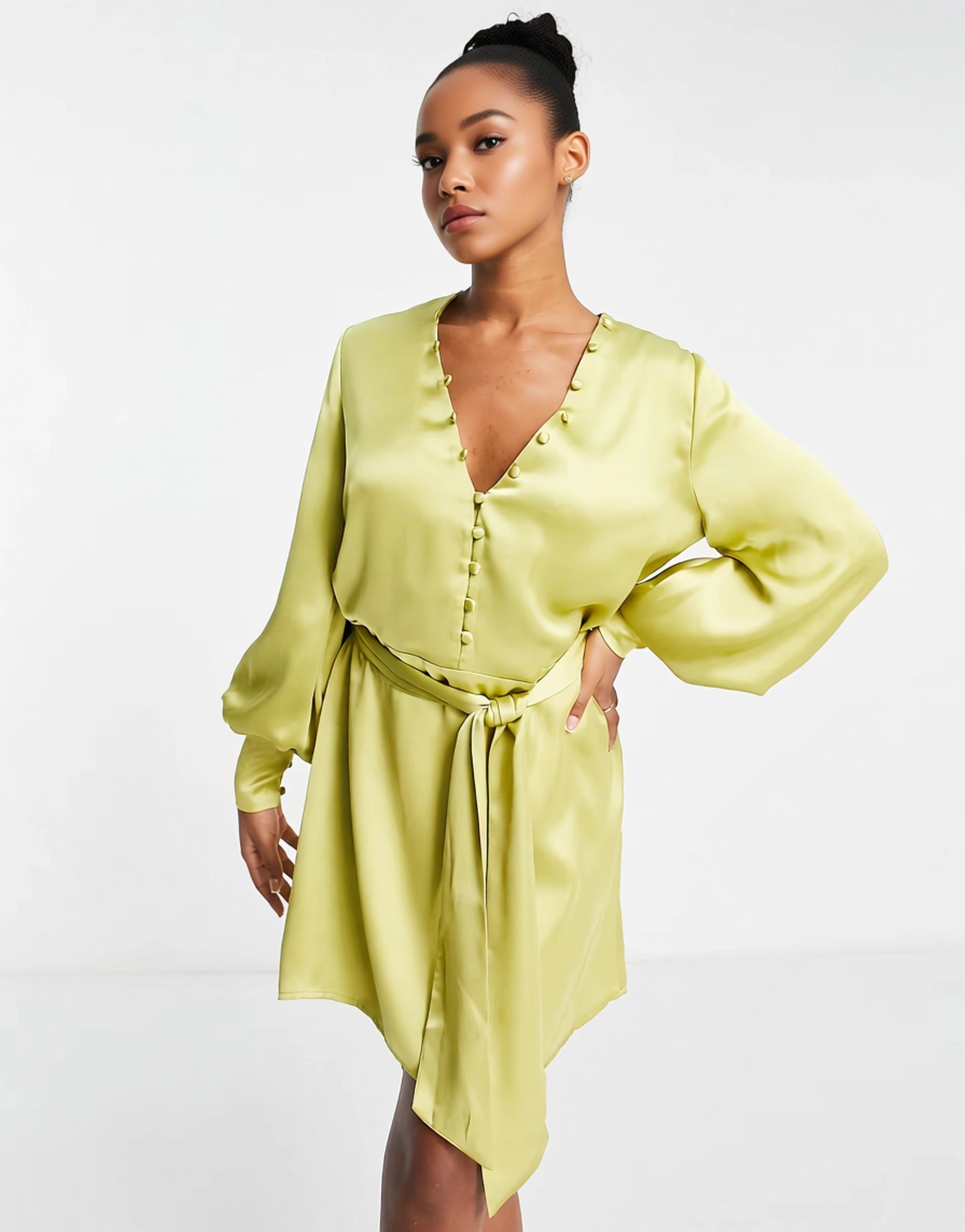 Womens Pretty Lavish Tie Waist Button Mini Dress In Chartreuse