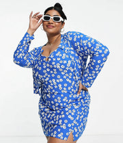Wednesday's Girl Womens Curve Mini Cami Slip Dress With Cropped Cardigan Set in Blue Floral