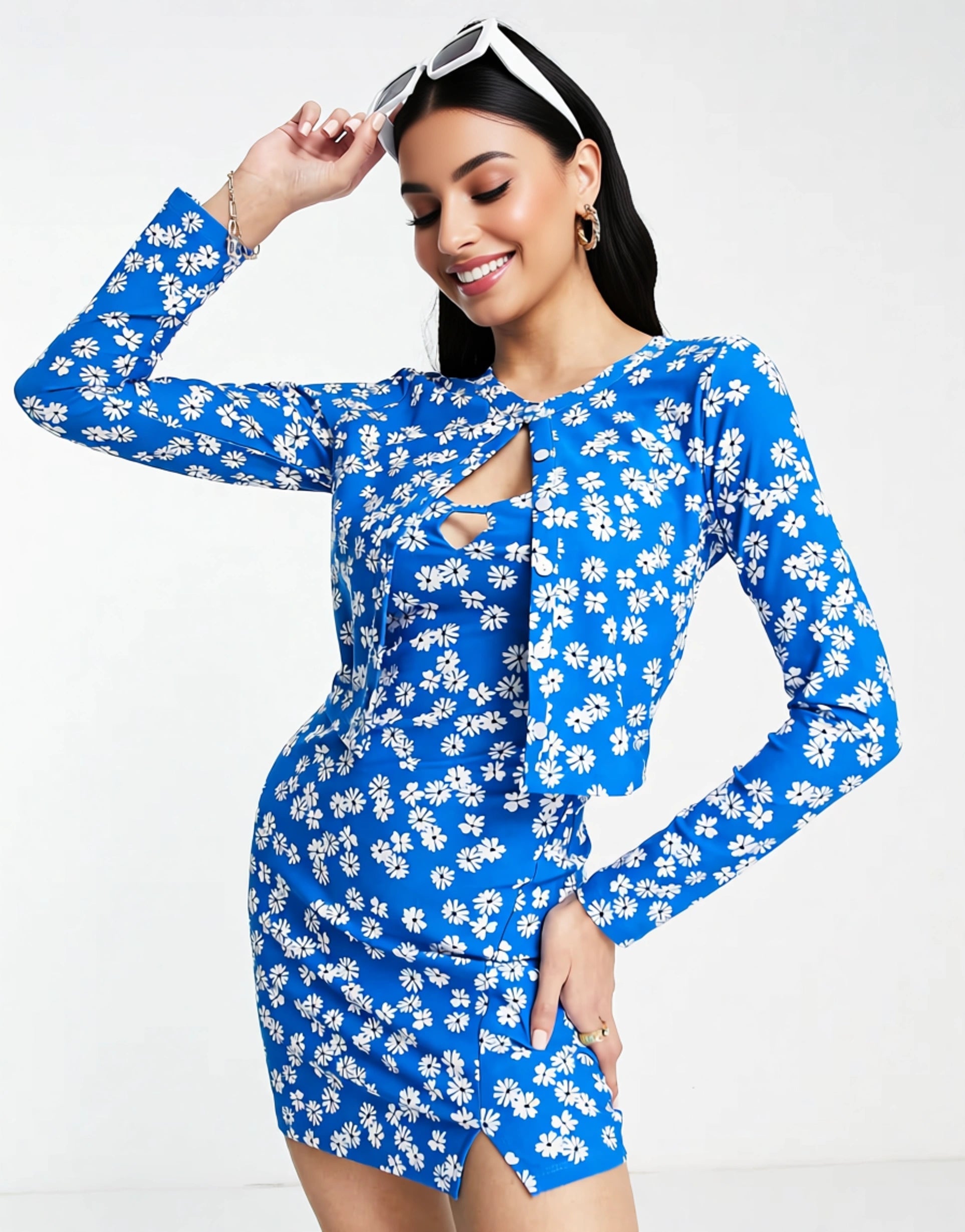 Wednesday's Girl Womens Mini Cami Slip Dress With Cropped Cardigan Set in Blue Floral