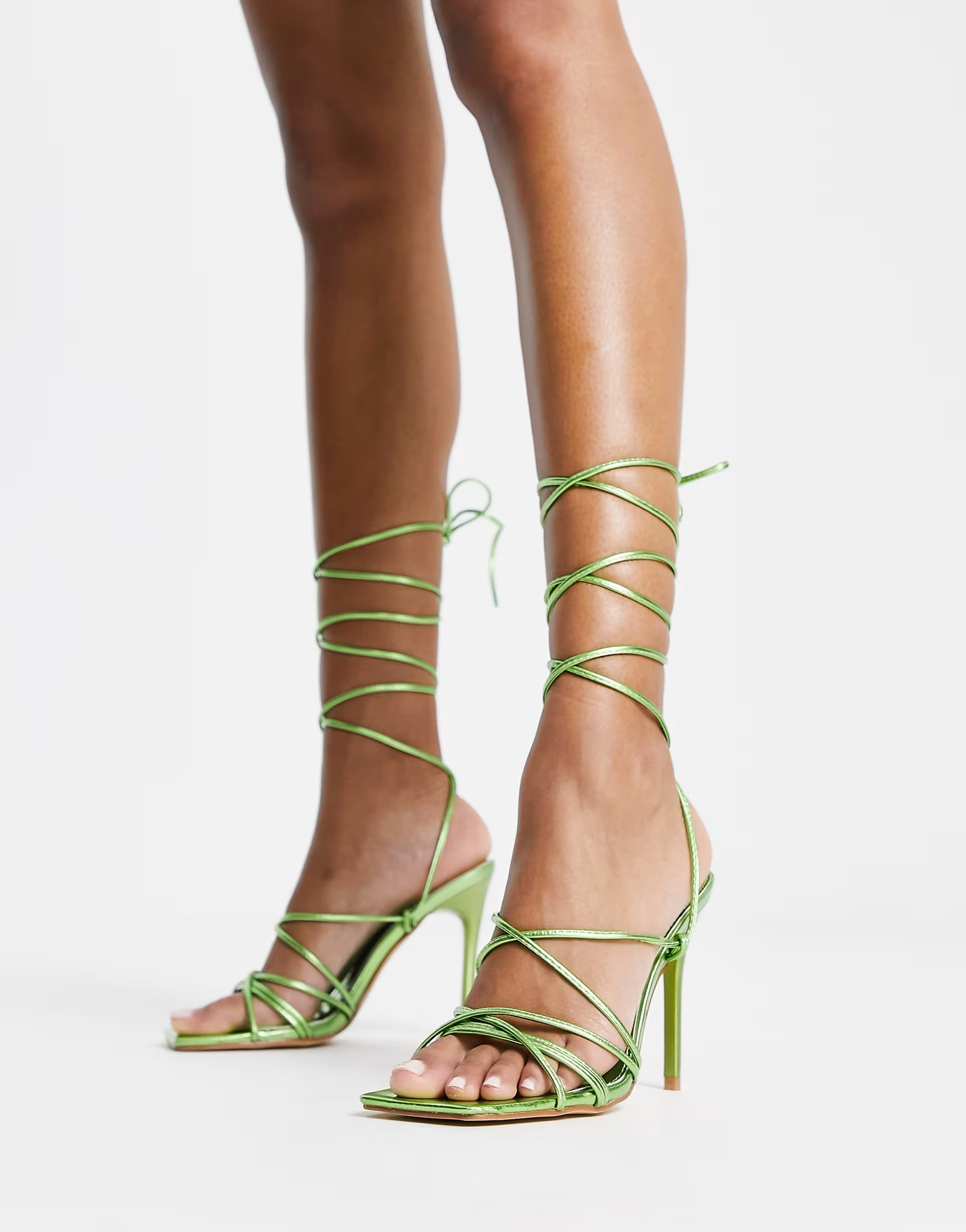 Truffle Collection Womens Tie Leg Stilletto Heeled Sandals With Square Toe In Green