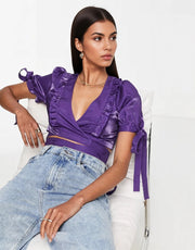 Annorlunda Women's Two Tone Puff Sleeve Crop Blouse In Purple