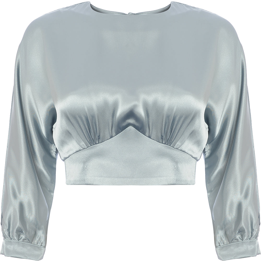 Trendyol Women's Sage Satin Balloon Sleeve Cropped Blouse