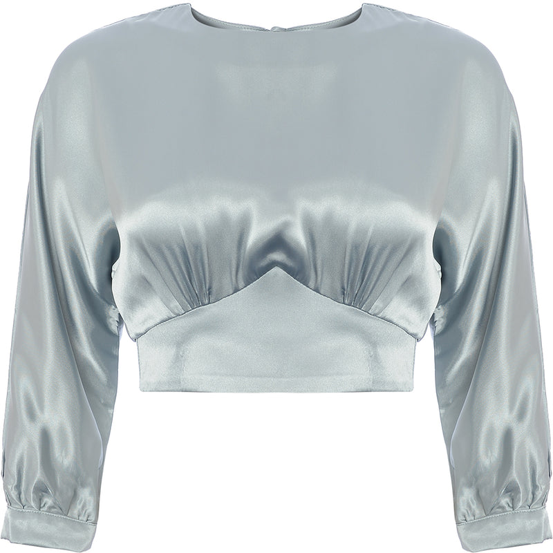 Trendyol Women's Sage Satin Balloon Sleeve Cropped Blouse