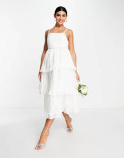 Sister Jane Womens Dream Bridal Tiered Midi Dress in Lace With Pearl Details