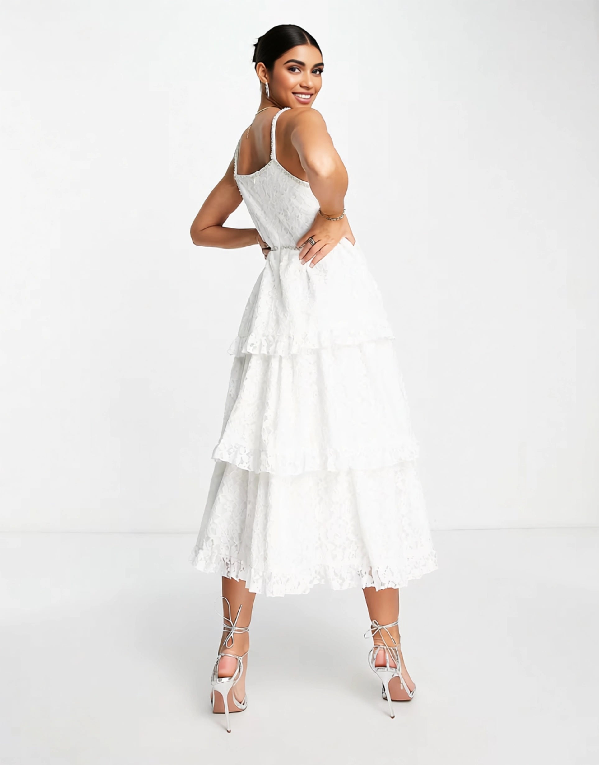 Sister Jane Womens Dream Bridal Tiered Midi Dress in Lace With Pearl Details