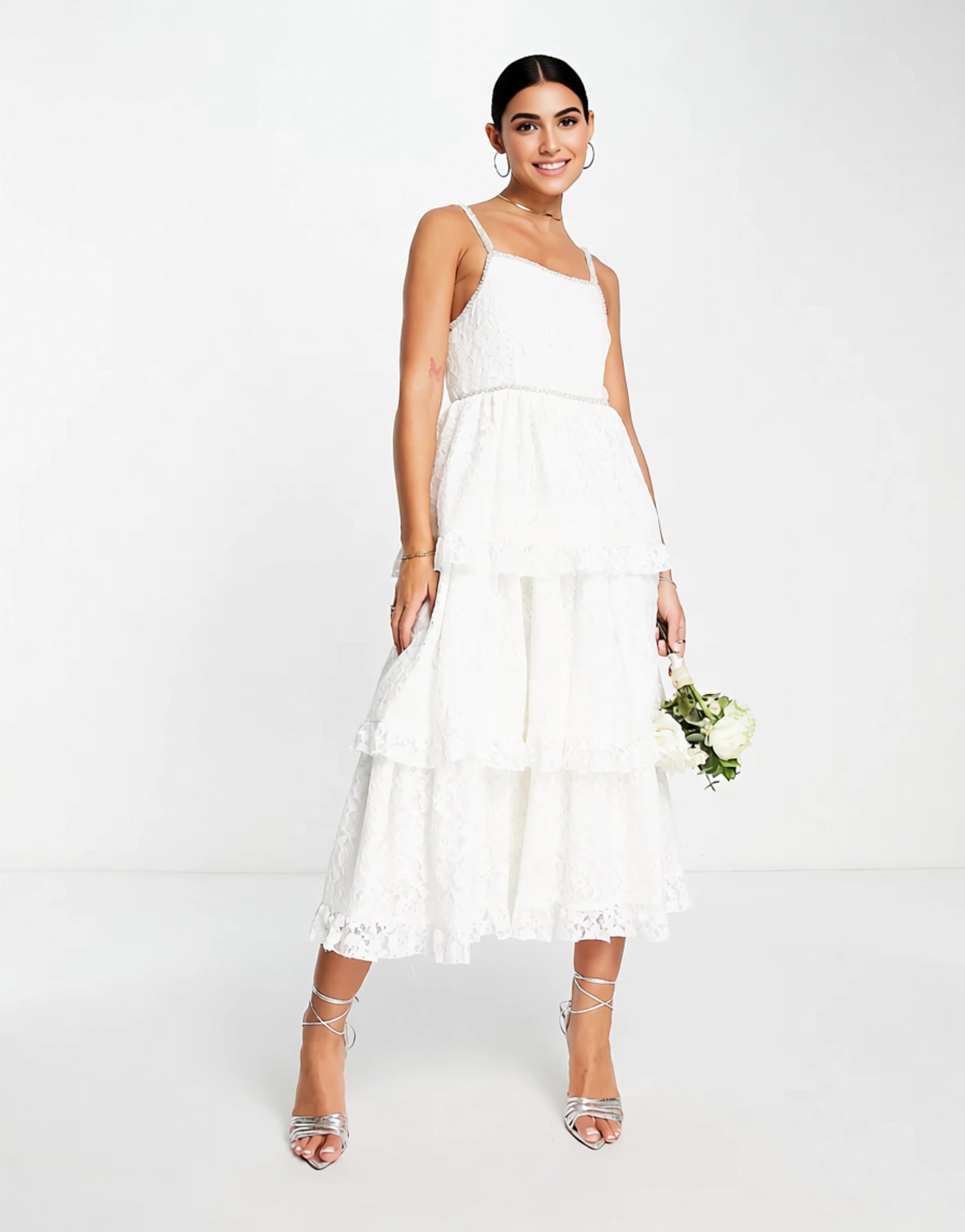 Sister Jane Womens Dream Bridal Tiered Midi Dress in Lace With Pearl Details