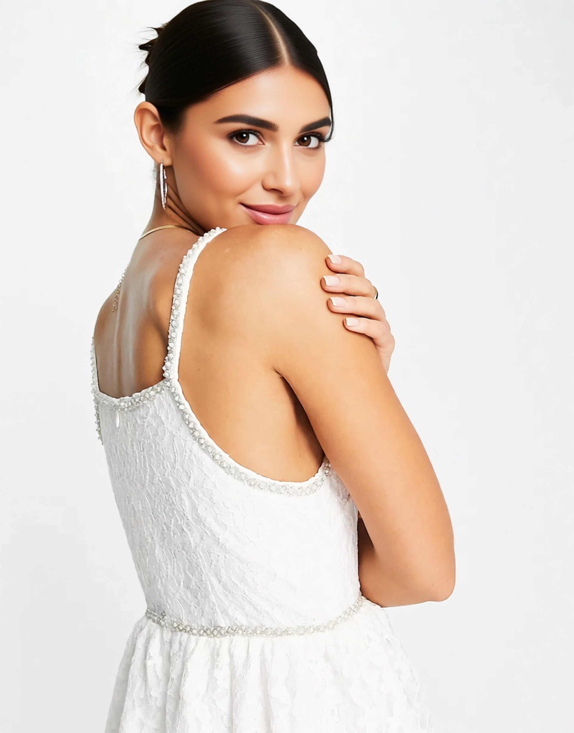 Sister Jane Womens Dream Bridal Tiered Midi Dress in Lace With Pearl Details