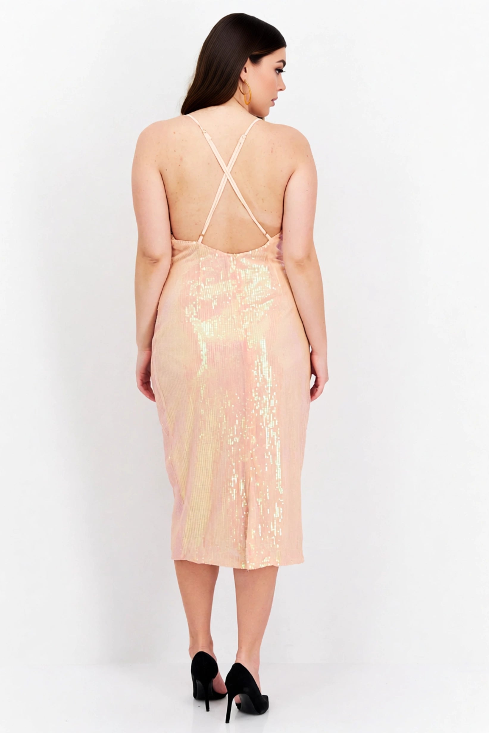 NaaNaa Womens Sequin Cowl Neck Midi Dress in Light Pink