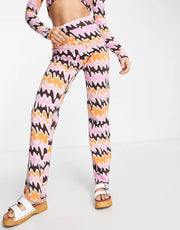 Monki Womens Co-Ord Straight Leg Trousers in Orange And Pink Abstract Print