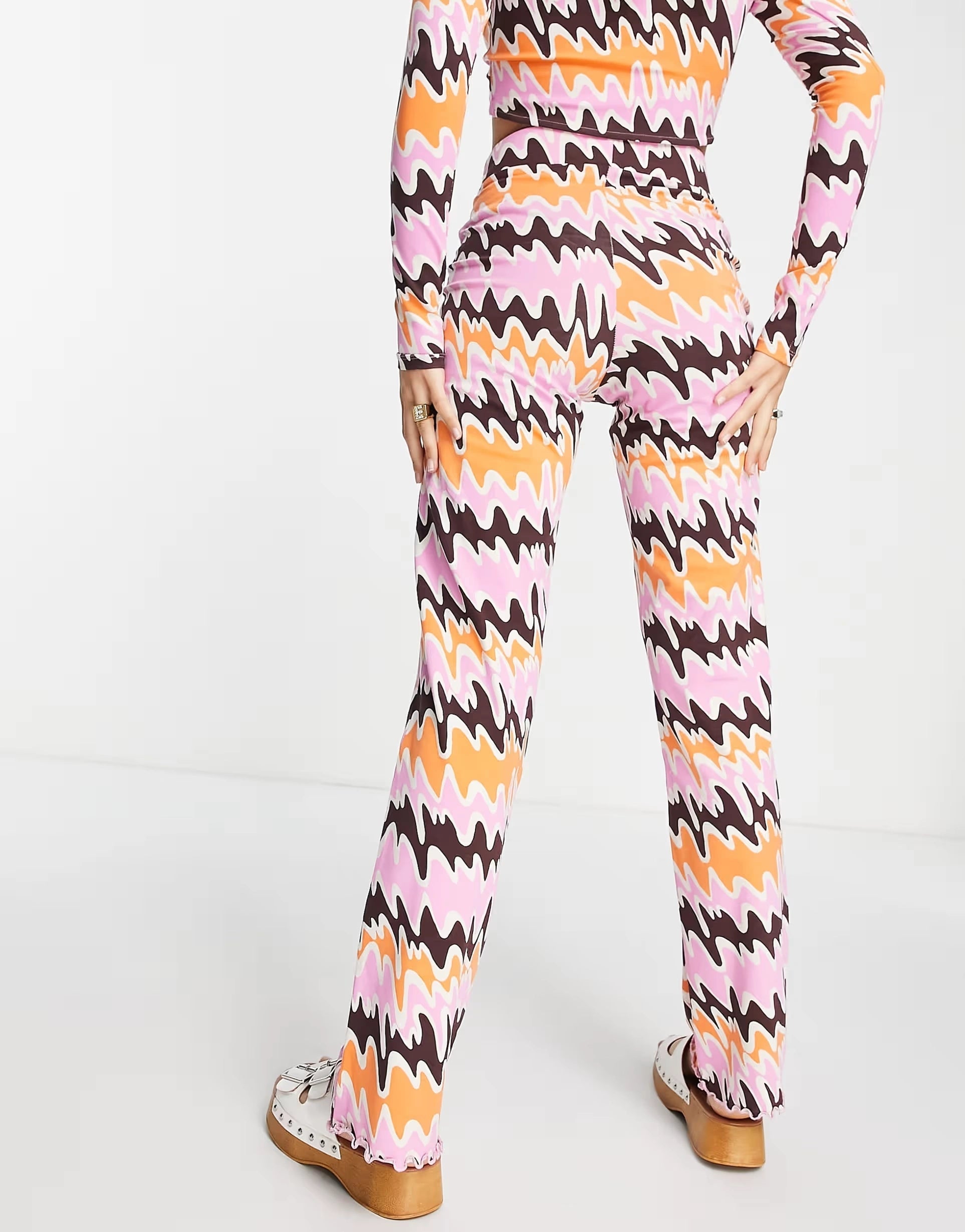 Monki Womens Co-Ord Straight Leg Trousers in Orange And Pink Abstract Print