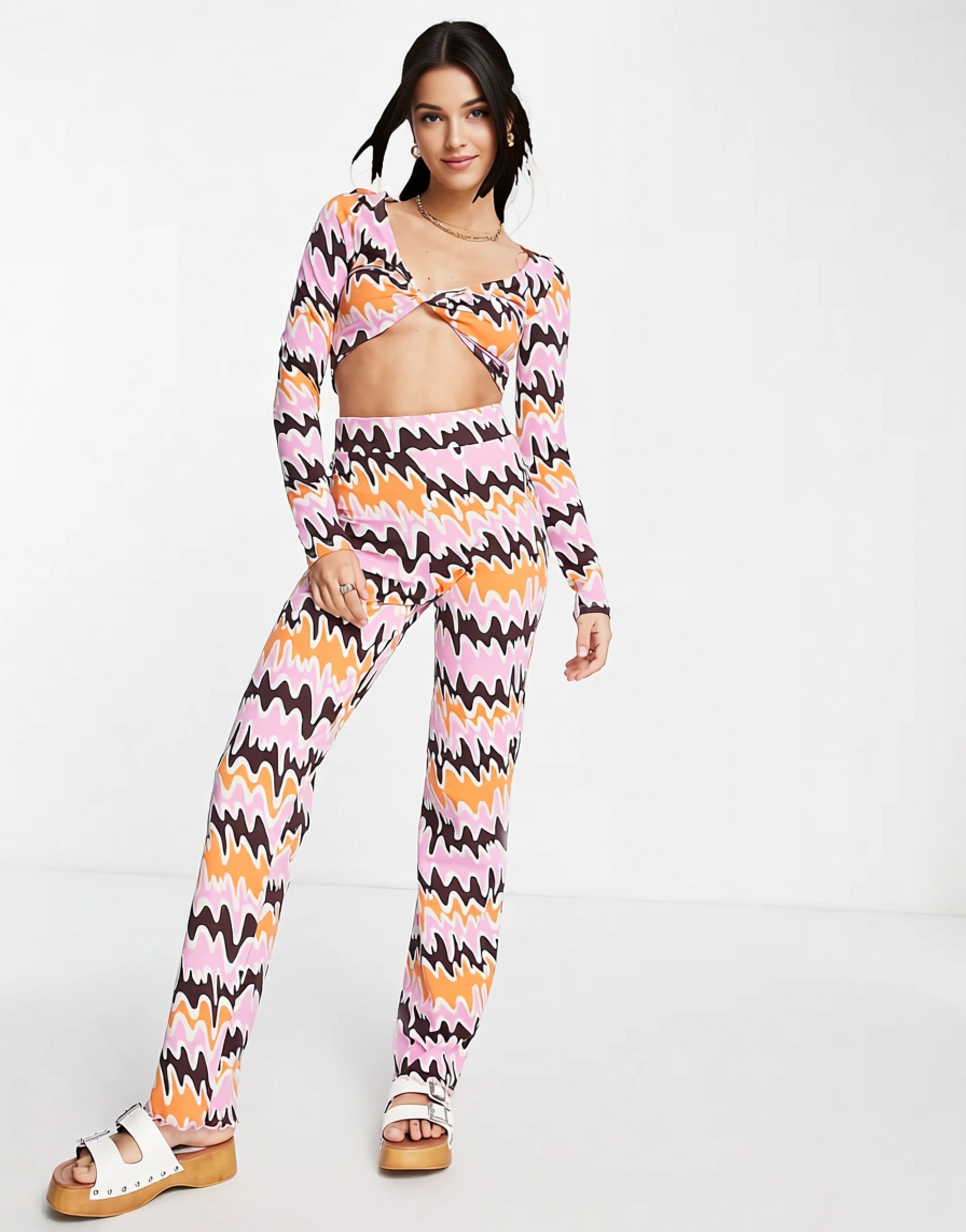 Monki Womens Co-Ord Straight Leg Trousers in Orange And Pink Abstract Print