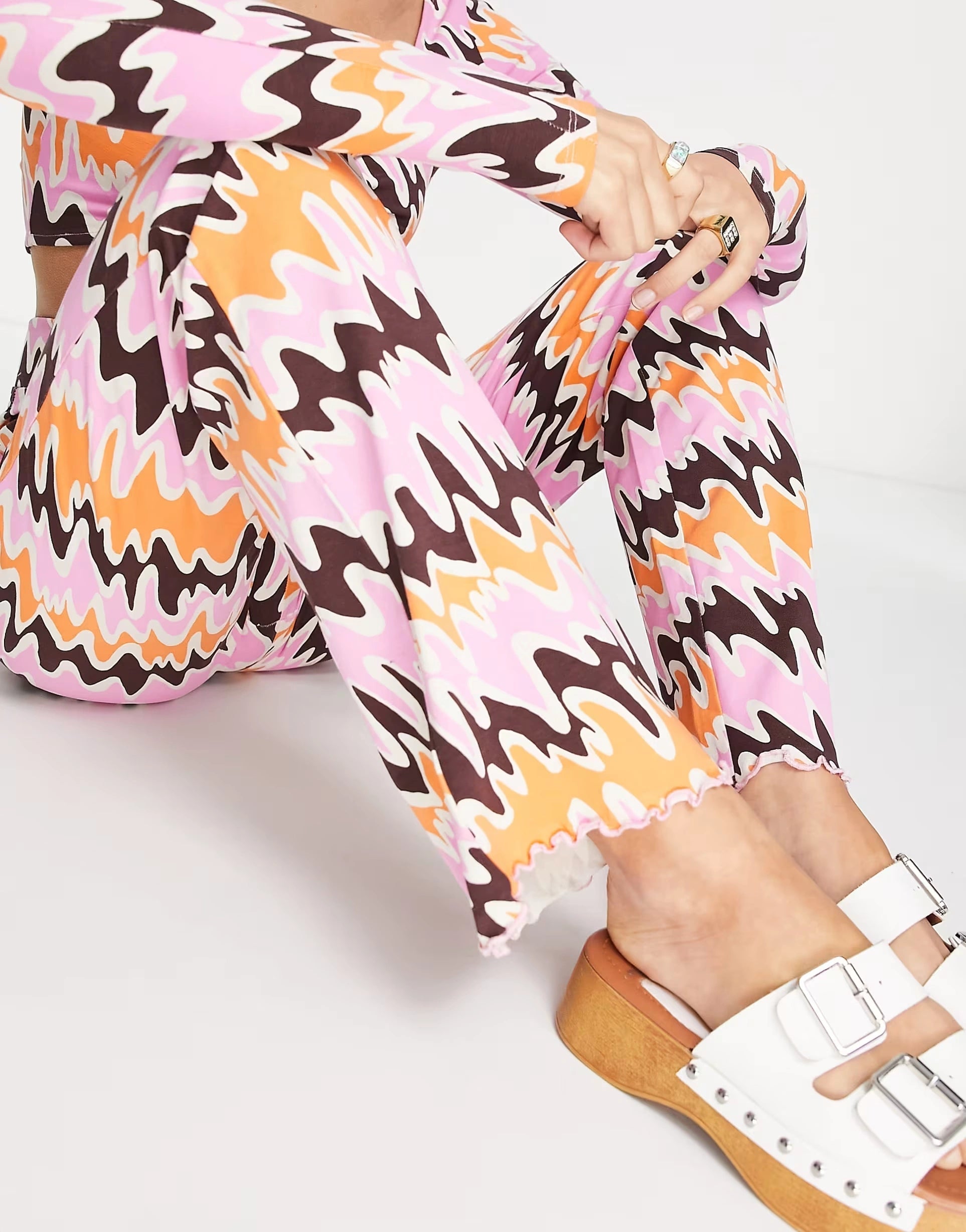 Monki Womens Co-Ord Straight Leg Trousers in Orange And Pink Abstract Print